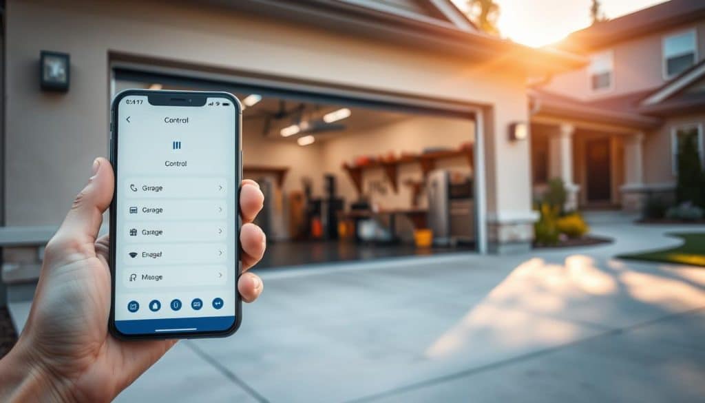A modern smart garage with an elegantly designed garage door, equipped with cutting-edge technology. In the foreground, a smartphone displays the app interface showing the garage door control options. The middle ground features a sleek, contemporary garage door, partially open, revealing a well-organized garage space with tools and storage. The background shows a suburban home bathed in warm afternoon light, emphasizing a welcoming atmosphere. Soft shadows create depth, and the scene is captured from a low angle to highlight the smartphone and the garage door from the viewer's perspective. The overall mood is one of convenience and innovation, showcasing the ease of modern technology in home automation.
