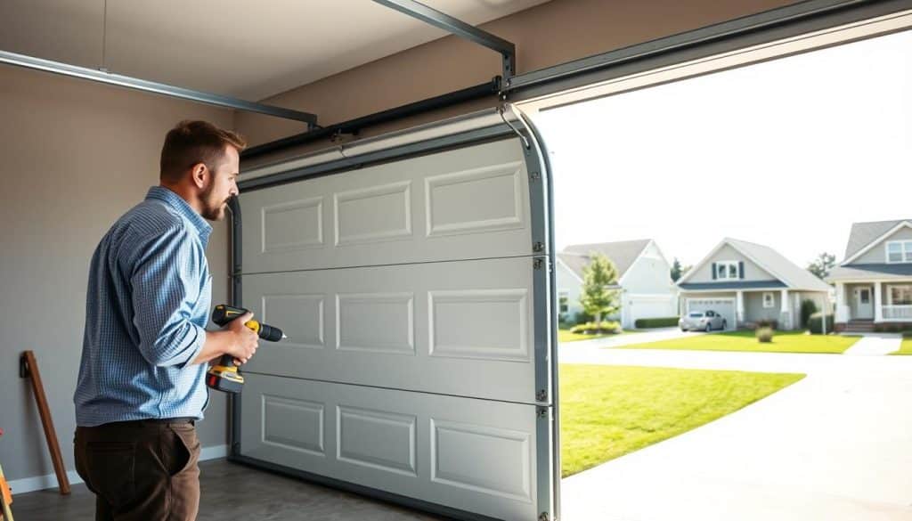 A professional contractor in a modern, suburban garage, replacing an old, worn-out garage door with a sleek, contemporary door. In the foreground, the contractor, dressed in a smart work shirt and pants, is focused on installing the new door, using tools like a drill and screws. The middle layer features the shiny new garage door partially installed, showcasing its smooth surface and elegant design. Bright, natural light filters through the open garage, illuminating the scene, and enhancing the sense of a productive day. In the background, the neighborhood is visible, with well-maintained lawns and houses, emphasizing a typical suburban setting. The overall mood is industrious and optimistic, highlighting the importance of home improvement and the value of a new garage door. A professional contractor in a modern, suburban garage, replacing an old, worn-out garage door with a sleek, contemporary door. In the foreground, the contractor, dressed in a smart work shirt and pants, is focused on installing the new door, using tools like a drill and screws. The middle layer features the shiny new garage door partially installed, showcasing its smooth surface and elegant design. Bright, natural light filters through the open garage, illuminating the scene, and enhancing the sense of a productive day. In the background, the neighborhood is visible, with well-maintained lawns and houses, emphasizing a typical suburban setting. The overall mood is industrious and optimistic, highlighting the importance of home improvement and the value of a new garage door.