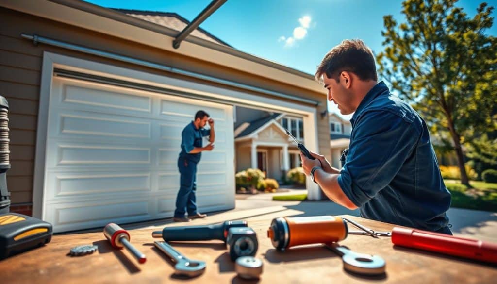 A professional garage door technician in a blue uniform is actively repairing a modern, residential garage door in a well-lit suburban driveway. In the foreground, tools like a screwdriver and a wrench are placed neatly on a workbench, suggesting the technician's attention to detail. The middle ground features the technician focused on fixing the garage door's mechanism, with gears and springs visible. In the background, a well-maintained home with a manicured lawn is visible under a clear blue sky, creating a welcoming atmosphere. Soft sunlight illuminates the scene, enhancing the sense of professionalism and reliability. The overall mood reflects a blend of expertise and trust, ideal for showcasing a garage door repair service.