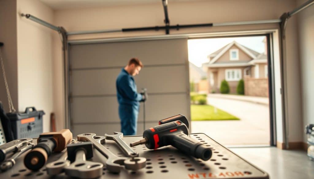 A professional garage door technician in a blue uniform is diligently repairing a modern, sleek garage door. In the foreground, tools such as wrenches and a drill are neatly arranged on a utility table, emphasizing the repair process. The middle ground features the technician standing in front of a partially open garage door, showcasing the inner mechanisms. Soft, natural lighting filters through the garage, creating a warm and inviting atmosphere. In the background, a tidy residential neighborhood can be seen through the garage opening, adding context. The scene is captured from a slight angle, giving depth and highlighting the professionalism and expertise of Garage Home Pros. The mood is focused and industrious, embodying trust and quality service.