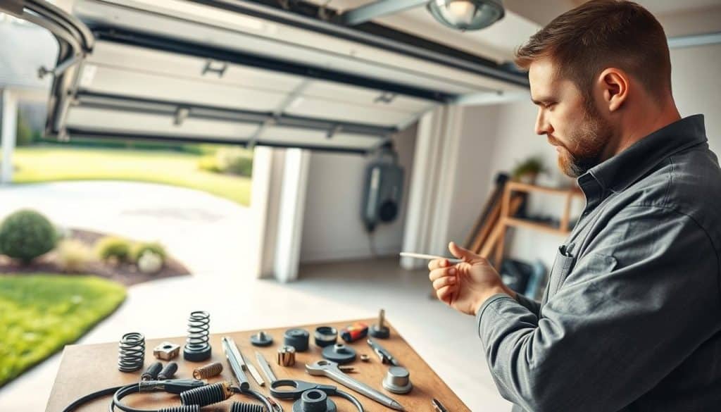 A professional garage door technician inspecting a garage door in a well-lit suburban setting. In the foreground, the technician, dressed in a neat uniform, is focused on addressing a couple of minor repairs. Tools and parts are neatly arranged nearby on a workbench, showcasing a range of garage door components like springs and cables. The middle ground features the garage door itself, partially open, displaying its intricate mechanics. In the background, a tidy driveway and a green lawn set a serene atmosphere. Soft, natural lighting brightens the scene, creating a sense of professionalism and trustworthiness. The angle captures the technician at work, emphasizing both craftsmanship and the importance of garage door maintenance.
