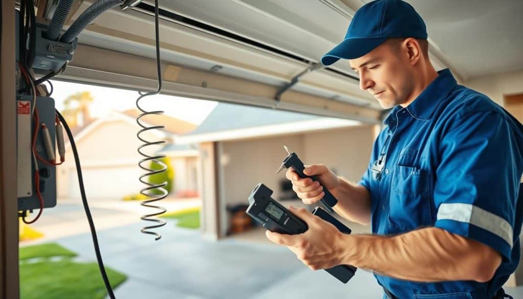 A professional technician in a blue uniform expertly examines a malfunctioning garage door in a suburban setting. The foreground features the technician using tools, with a focus on a broken spring and electronic components. In the middle, the garage door is partially open, revealing its complex mechanics and a sense of urgency in the repair process. The background shows a well-maintained garage and a driveway, hinting at a typical home environment. Soft, natural daylight filters in, creating a warm atmosphere while highlighting the technician's focused expression. The scene conveys reliability and professionalism, embodying the essence of emergency garage door repairs.