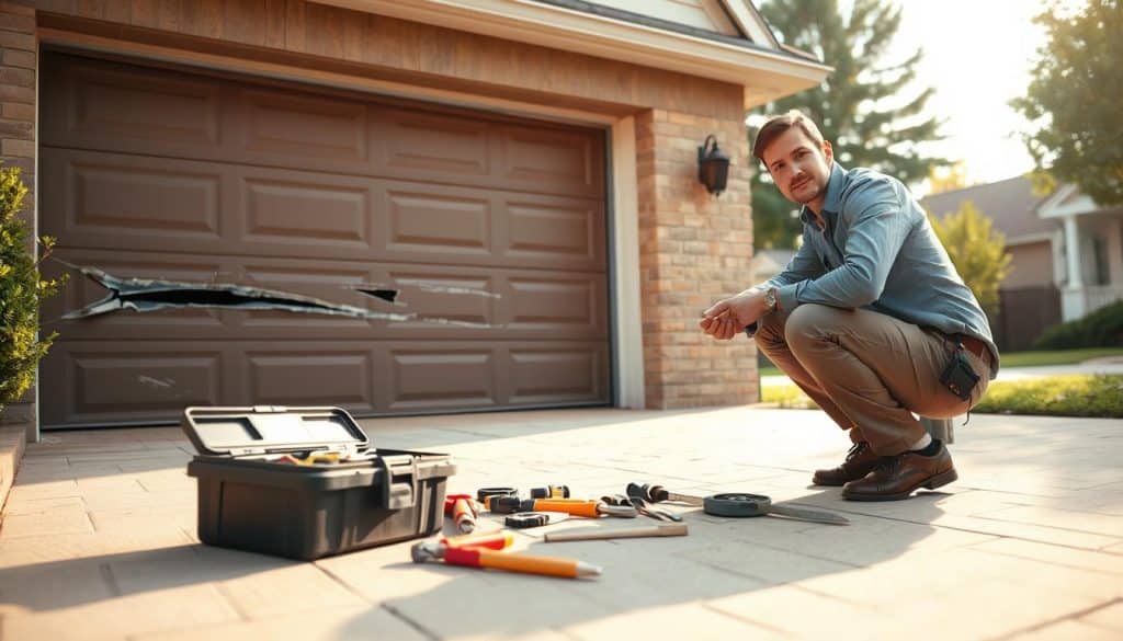 A professional technician in modest casual clothing is inspecting a broken garage door in a suburban driveway, kneeling beside the door with tools laid out neatly around them. In the foreground, the focus is on the technician’s concentrated expression, highlighting their expertise and attention to detail. The middle ground features the garage door, showing visible signs of damage such as dents and misalignment, alongside a toolbox and repair materials. The background captures a tidy suburban neighborhood with light filtering through the trees, creating a warm and inviting atmosphere. The scene is well-lit, giving a sense of a bright afternoon, with a slight depth of field effect to emphasize the technician’s work.
