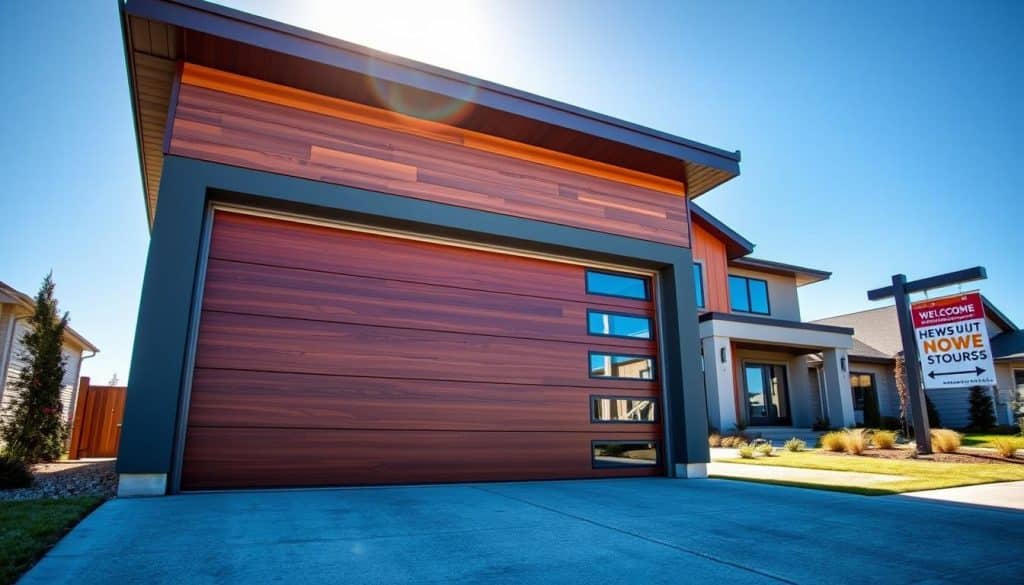 A sleek and modern garage door, featuring a combination of horizontal wooden panels and glass accents, prominently displayed in the foreground. In the middle ground, a spacious driveway leads up to a contemporary suburban home, surrounded by well-manicured landscaping, adding a welcoming touch. In the background, a clear blue sky enhances the scene with bright, natural lighting that illuminates the garage door, creating appealing shadows and highlights. A nearby signpost subtly points to local home improvement stores, suggesting a place to explore new garage doors without overpowering the main subject. The overall mood is inviting and professional, perfect for homeowners seeking renovations or upgrades. Capture the scene from a slightly elevated angle to give a comprehensive view while maintaining focus on the garage door's design.