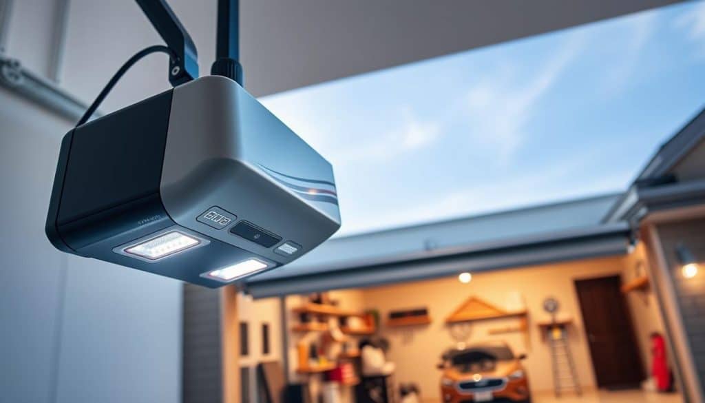 A sleek, modern garage door opener installed on a contemporary garage door, showcasing the device with a focus on its unique features. The foreground features the opener clearly visible, highlighting its buttons and LED indicators, with a subtle shine reflecting off its surface. In the middle ground, a partially open garage door reveals a stylish, well-organized garage interior, featuring tools and a vehicle. The background shows a bright, clear sky, enhancing the overall ambiance. Soft, natural lighting illuminates the scene to highlight the details, while a shallow depth of field emphasizes the opener in sharp focus. The atmosphere is inviting and professional, conveying a sense of reliability and modernity in home improvement.