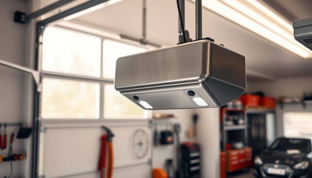 A sleek, modern garage door opener mounted on the wall, showcased in a well-lit garage environment. In the foreground, the opener features a minimalistic design with a brushed metal finish, and illuminated buttons. The middle ground contains a portion of the garage door, demonstrating compatibility with various door types, surrounded by tools and storage solutions. The background reveals a clean, organized garage space with cars parked, giving a sense of functionality and order. Soft, natural light streams through a nearby window, casting shadows that enhance the detail of the opener. The mood is inviting and sophisticated, emphasizing practicality and style for homeowners exploring options for their garage door systems.