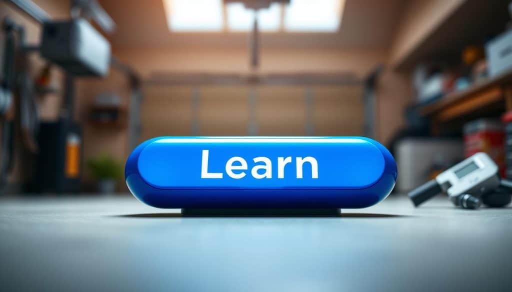 A sleek, modern "learn button" prominently placed at the center of the image, featuring a glossy finish in a vibrant blue color to symbolize technology and knowledge. The button is slightly raised, casting a soft shadow below to add depth. Surrounding the button, there are subtle visual elements like faint outlines of a garage door opener and programming tools, hinting at the context without being overpowering. The background is softly blurred, showcasing a home garage setting with bright, warm lighting that evokes a welcoming and instructive atmosphere. The focus is sharp on the button with a slight bokeh effect in the background, creating a sense of importance and clarity for the viewer.