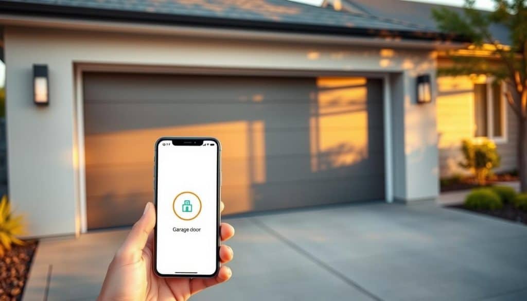 A sleek, modern smart garage door stands open in a contemporary residential setting, showcasing its high-tech features. In the foreground, a smartphone with a user-friendly app interface displays an animated garage door icon, emphasizing ease of use. The middle ground features the stylish garage, with clean lines and a polished finish, illuminated by warm, natural lighting that suggests midday. In the background, a well-maintained driveway and a neatly landscaped garden add a touch of homeliness. The atmosphere is inviting and innovative, highlighting the convenience of controlling garage access remotely. Capture this scene with a slightly elevated angle to show the relation between the phone and the garage door, using a depth of field that subtly blurs the background, directing attention to the smart technology.
