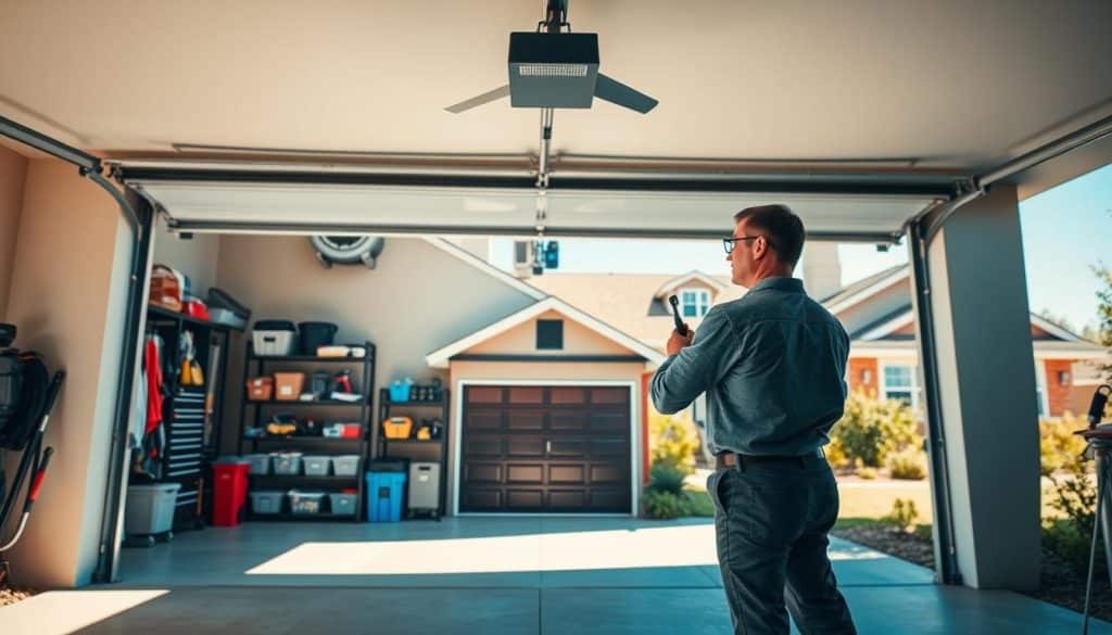 A spacious and well-organized residential garage, featuring a modern overhead garage door, open to reveal a tidy interior. In the foreground, a professional technician in casual work attire is inspecting a garage door mechanism with tools in hand. In the middle, shelves are neatly stocked with tools and storage bins, while a new, stylish garage door model stands prominently. The background showcases a suburban home with manicured landscaping and a clear blue sky, invoking a sense of warmth and reliability. Soft, natural lighting filters through the garage door, casting gentle shadows and creating an inviting atmosphere. The image should reflect a trusted family-owned vibe, emphasizing professionalism and craftsmanship in the garage repair and installation service.