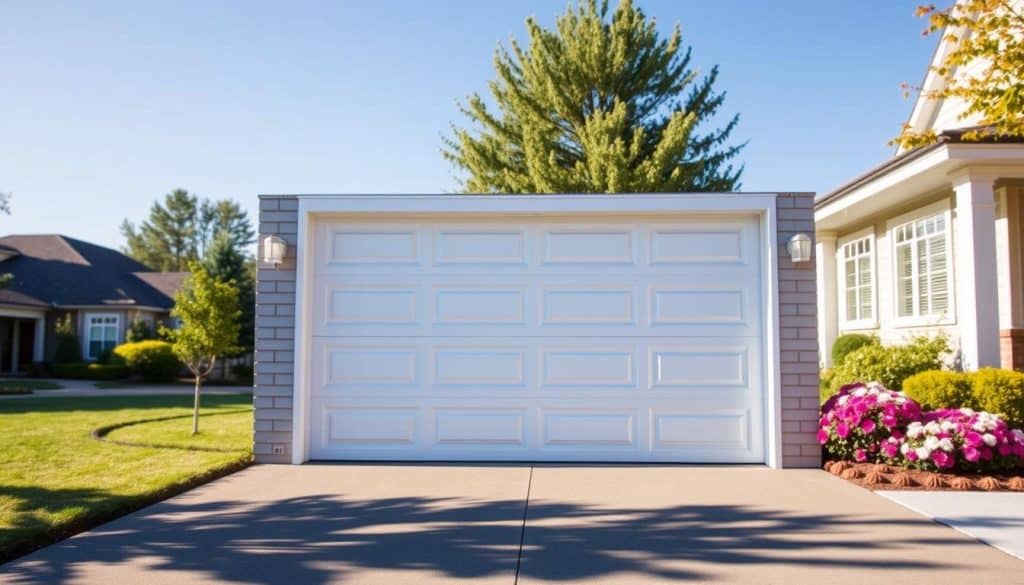 A standard garage door showcased in a residential setting, prominently displayed in the foreground. The door features horizontal panels with a classic white finish, providing a clean and inviting appearance. In the middle ground, a well-maintained driveway leads to the home, bordered by blooming flower beds that add a touch of color and warmth. The background includes a suburban neighborhood with trees gently swaying in the breeze under a clear blue sky. The lighting is bright and natural, simulating mid-morning sunlight that casts soft shadows across the scene. The angle captures the garage door head-on, emphasizing its size and design. The overall atmosphere is serene and welcoming, perfect for illustrating the concept of standard garage door sizes. A standard garage door showcased in a residential setting, prominently displayed in the foreground. The door features horizontal panels with a classic white finish, providing a clean and inviting appearance. In the middle ground, a well-maintained driveway leads to the home, bordered by blooming flower beds that add a touch of color and warmth. The background includes a suburban neighborhood with trees gently swaying in the breeze under a clear blue sky. The lighting is bright and natural, simulating mid-morning sunlight that casts soft shadows across the scene. The angle captures the garage door head-on, emphasizing its size and design. The overall atmosphere is serene and welcoming, perfect for illustrating the concept of standard garage door sizes.