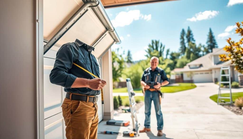 A suburban garage with a partially open new garage door in the foreground, showcasing modern design and sleek materials. A middle-aged contractor in professional work attire examines the door, holding a measuring tape. In the middle ground, tools like a drill and a ladder are neatly arranged outside the garage, hinting at recent installation work. The background features a well-kept driveway and a suburban neighborhood with green trees and houses under a bright blue sky, suggesting a pleasant day. Natural sunlight illuminates the scene, creating a warm and inviting atmosphere. The image captures the essence of home improvement and the importance of quality garage doors. A suburban garage with a partially open new garage door in the foreground, showcasing modern design and sleek materials. A middle-aged contractor in professional work attire examines the door, holding a measuring tape. In the middle ground, tools like a drill and a ladder are neatly arranged outside the garage, hinting at recent installation work. The background features a well-kept driveway and a suburban neighborhood with green trees and houses under a bright blue sky, suggesting a pleasant day. Natural sunlight illuminates the scene, creating a warm and inviting atmosphere. The image captures the essence of home improvement and the importance of quality garage doors.