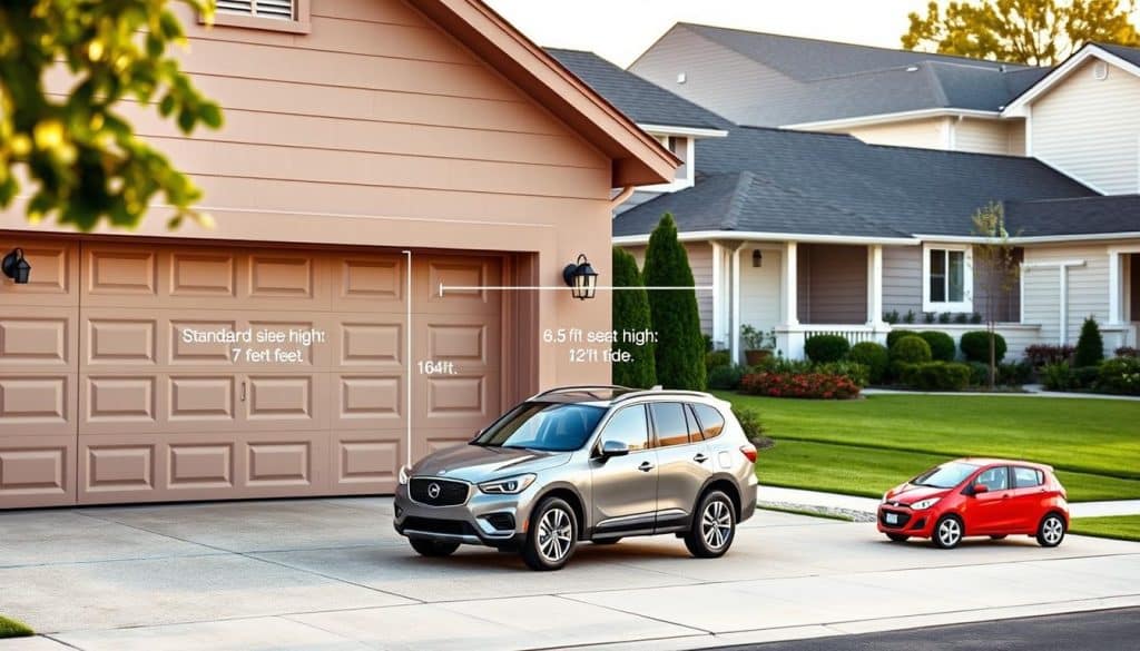 A visually informative scene depicting various garage door sizes tailored to different vehicle types. In the foreground, display a standard-sized car parked beside a garage door that is 7 feet high and 16 feet wide, illustrating ample clearance. In the middle, show a larger SUV next to a garage door measuring 8 feet high and 18 feet wide, emphasizing width and height requirements. Include a small compact car next to a door of 6.5 feet high and 12 feet wide in a separate section. Set this against a suburban backdrop with neatly manicured lawns and houses. Utilize soft, natural lighting during the afternoon, with a slight angle to create depth. The mood should be informative and approachable, aimed at homeowners seeking guidance on garage door sizing. A visually informative scene depicting various garage door sizes tailored to different vehicle types. In the foreground, display a standard-sized car parked beside a garage door that is 7 feet high and 16 feet wide, illustrating ample clearance. In the middle, show a larger SUV next to a garage door measuring 8 feet high and 18 feet wide, emphasizing width and height requirements. Include a small compact car next to a door of 6.5 feet high and 12 feet wide in a separate section. Set this against a suburban backdrop with neatly manicured lawns and houses. Utilize soft, natural lighting during the afternoon, with a slight angle to create depth. The mood should be informative and approachable, aimed at homeowners seeking guidance on garage door sizing.