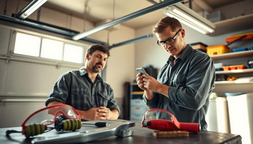 A well-lit garage interior featuring a professional technician in modest casual clothing, carefully inspecting a garage door spring. In the foreground, tools like a wrench and safety goggles rest on a workbench, emphasizing the importance of safety. The middle ground showcases the garage door with its spring assembly clearly visible, highlighting the intricate mechanics involved. The background reveals organized shelves with safety equipment, adding to the atmosphere of professionalism. Natural light filters in through a nearby window, casting soft shadows and creating a focused yet approachable ambiance. The overall mood is one of meticulous attention to safety and expertise in garage door maintenance, underscoring the significance of proper adjustments. A well-lit garage interior featuring a professional technician in modest casual clothing, carefully inspecting a garage door spring. In the foreground, tools like a wrench and safety goggles rest on a workbench, emphasizing the importance of safety. The middle ground showcases the garage door with its spring assembly clearly visible, highlighting the intricate mechanics involved. The background reveals organized shelves with safety equipment, adding to the atmosphere of professionalism. Natural light filters in through a nearby window, casting soft shadows and creating a focused yet approachable ambiance. The overall mood is one of meticulous attention to safety and expertise in garage door maintenance, underscoring the significance of proper adjustments.