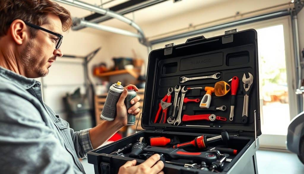 A well-lit garage interior showcasing a homeowner performing maintenance on a garage door. In the foreground, a person dressed in modest casual clothing is carefully inspecting the door tracks and lubricating them with a spray can. Their focused expression indicates attention to detail. In the middle ground, a neatly organized toolbox is open, revealing various tools like wrenches, a lubricant bottle, and safety goggles. The background features shelves with garage essentials and a vibrant daylight streaming in through a window, creating a warm, inviting atmosphere. The angle captures the entire scene, emphasizing both the human element and the maintenance tools, highlighting the practical aspect of garage door upkeep.