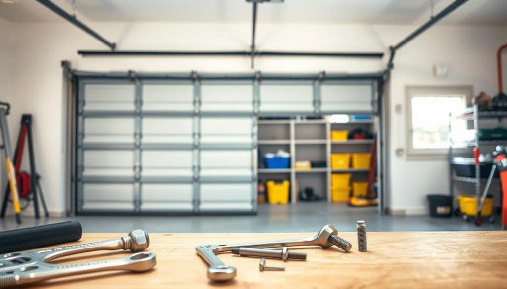 A well-lit garage interior showcasing a partially open, modern steel garage door with intricate hardware details. In the foreground, a set of garage door installation tools, including a wrench and screws, are neatly arranged on a workbench, highlighting a DIY approach. The middle of the scene features the garage door track system, installed but not fully finished, providing a clear focus on the installation process. In the background, a clean and organized garage space with shelves containing equipment and storage bins creates an inviting atmosphere. The overall mood is practical and encouraging, emphasizing a DIY spirit, with natural daylight streaming in through a nearby window to add warmth and clarity to the image.