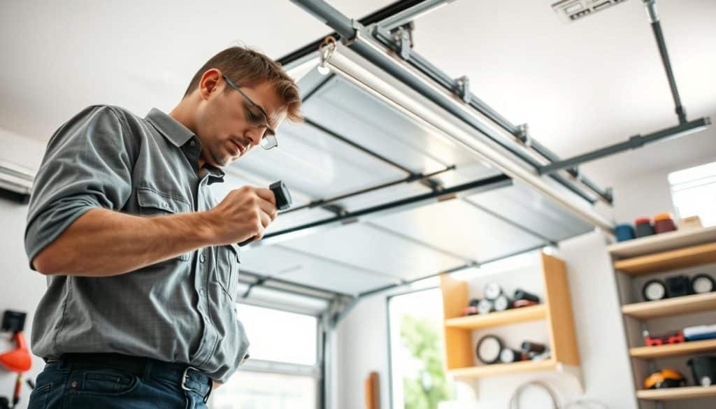 A well-lit garage interior showcasing a professional technician in modest casual clothing inspecting a broken garage door. The foreground features the technician using tools, like a wrench and screwdriver, to assess the situation. In the middle, a partially opened garage door reveals visible issues such as damaged springs and misaligned tracks. The background includes shelves with various repair parts, like rollers and cables, organized neatly. The lighting is bright and natural, streaming in from a nearby window, creating a clean and inviting atmosphere. The scene conveys a sense of professionalism and expertise, emphasizing the importance of proper garage door maintenance and repair.