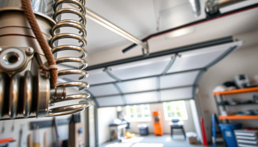 A well-lit garage interior showcasing the detailed operation of a garage door during the opening cycle. In the foreground, a close-up of a torsion spring system is visible, with shiny metal coils and a safety cable prominently featured, highlighting their mechanism. The middle section captures a partially opened garage door, with panels rising smoothly, revealing a bright and spacious workspace behind. In the background, tools and equipment are neatly organized on shelves, and natural light streams in through a nearby window, casting soft shadows. The atmosphere is informative yet inviting, with a focus on mechanics and functionality. The angle is slightly tilted to emphasize the dynamic movement of the door and spring operation. A well-lit garage interior showcasing the detailed operation of a garage door during the opening cycle. In the foreground, a close-up of a torsion spring system is visible, with shiny metal coils and a safety cable prominently featured, highlighting their mechanism. The middle section captures a partially opened garage door, with panels rising smoothly, revealing a bright and spacious workspace behind. In the background, tools and equipment are neatly organized on shelves, and natural light streams in through a nearby window, casting soft shadows. The atmosphere is informative yet inviting, with a focus on mechanics and functionality. The angle is slightly tilted to emphasize the dynamic movement of the door and spring operation.