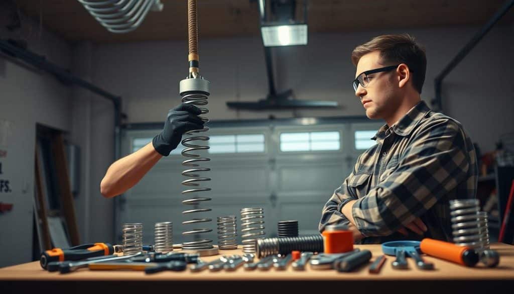 A well-lit garage interior showcasing the importance of safety in maintaining garage door springs. In the foreground, a professional technician in modest work attire inspects a garage door spring setup with safety glasses and gloves, emphasizing their commitment to safety. In the middle ground, clearly organized tools and supplies are arranged neatly on a workbench, including wrenches, springs, and safety gear, reflecting preparedness. The background features a well-maintained garage door, illuminated by soft, diffused light from overhead fixtures, creating a warm atmosphere. Shadows play subtly around the area, enhancing a sense of focus and professionalism. The overall mood conveys diligence and safety, invoking trust and expertise in garage door maintenance. A well-lit garage interior showcasing the importance of safety in maintaining garage door springs. In the foreground, a professional technician in modest work attire inspects a garage door spring setup with safety glasses and gloves, emphasizing their commitment to safety. In the middle ground, clearly organized tools and supplies are arranged neatly on a workbench, including wrenches, springs, and safety gear, reflecting preparedness. The background features a well-maintained garage door, illuminated by soft, diffused light from overhead fixtures, creating a warm atmosphere. Shadows play subtly around the area, enhancing a sense of focus and professionalism. The overall mood conveys diligence and safety, invoking trust and expertise in garage door maintenance.