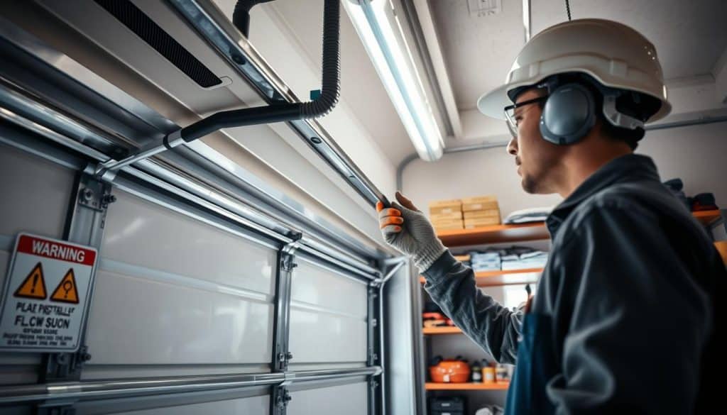 A well-lit garage interior showing a professional technician inspecting a garage door spring, wearing a safety helmet and gloves. In the foreground, a clear view of a garage door with warning labels and safety features visible, highlighting the mechanisms and springs. The middle ground features the technician checking the installation guidelines and equipment, emphasizing safety protocols. In the background, shelves are neatly organized with garage tools and supplies, creating a tidy environment. Soft, natural lighting illuminates the scene, coming from a nearby window, creating a calm and respectful atmosphere emphasizing safety. The angle is slightly elevated, providing a comprehensive view while focusing on the importance of safety in garage door maintenance.
