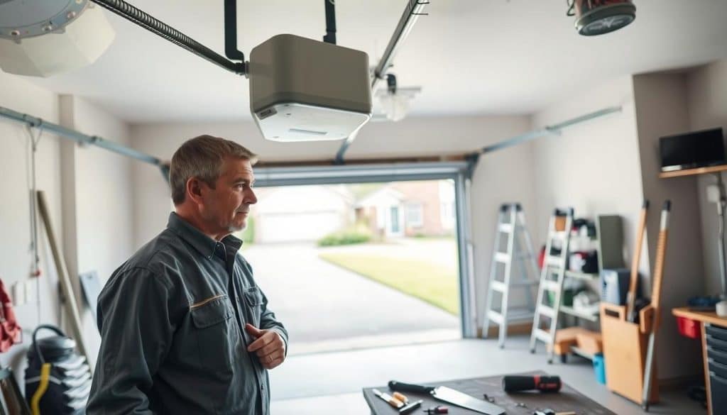 A well-lit garage interior with a focus on a garage door opener repair scenario. In the foreground, a middle-aged technician in a neat, professional outfit examines a garage door opener, tools scattered on a workbench beside him. His expression shows concentration and problem-solving. In the middle ground, the garage door is partially open, revealing a bright, welcoming daylight filtering in, highlighting a clean, organized space with a ladder and storage shelves. The background features a suburban setting visible through the garage door, showcasing a tidy driveway. Soft, natural light bathes the scene, creating a calm, focused atmosphere, and the camera angle is slightly angled from above, capturing both the technician and the garage door opener clearly, ensuring the attention remains on troubleshooting before replacement.