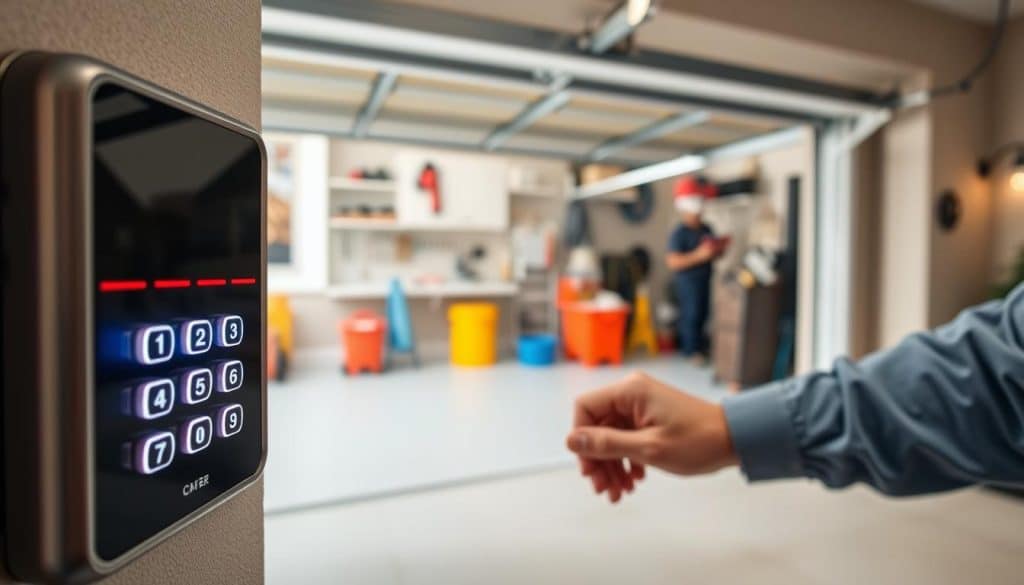 A well-lit image of a close-up view of a modern garage door keypad being programmed. In the foreground, a sleek keypad is prominently displayed, showing illuminated buttons and a person's hand, dressed in casual attire, pressing a button to input a code. In the middle ground, there is a partially open garage door revealing a neat and organized garage with tools and equipment. The background features a suburban house with a soft focus, showcasing a welcoming atmosphere. The lighting is bright and inviting, highlighting the action of programming the keypad. The overall mood is instructional and encouraging, capturing the essence of simplicity in the process of keypad programming.