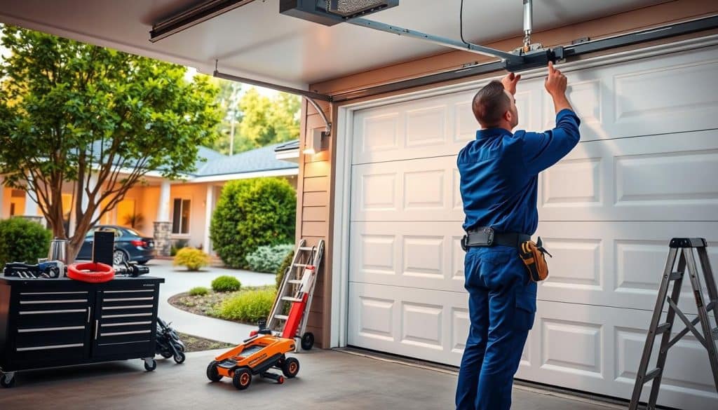 A well-lit residential garage with a pristine white garage door, showcasing a professional technician in a blue uniform examining the door with tools in hand. In the foreground, the technician is carefully adjusting the door opener, emphasizing expertise and service. The middle ground features an organized workspace including various tools and a ladder, indicating ongoing maintenance. In the background, the home is stylish and modern, with lush greenery surrounding the driveway. The lighting is soft and warm, suggesting a late afternoon. The overall mood is inviting and professional, reflecting the reliability and quality of garage door services provided by a dedicated team.