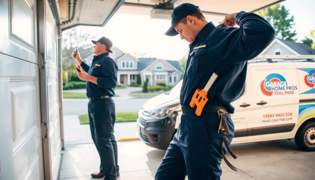 A well-lit service area for garage door repair, showcasing a clean and organized work environment. In the foreground, a professional technician in a navy blue uniform is inspecting a garage door with tools in hand, demonstrating expertise. In the middle ground, there are neatly parked service vehicles, featuring the logo of "Garage Home Pros," ready for action. The background includes a suburban neighborhood with well-maintained houses and trees, suggesting a local service area. The scene is illuminated by soft afternoon light, casting gentle shadows, creating a warm, inviting atmosphere. The angle is slightly lower, emphasizing the technician and vehicle while providing context of the neighborhood. The overall mood conveys reliability and swift service in a community-focused setting.