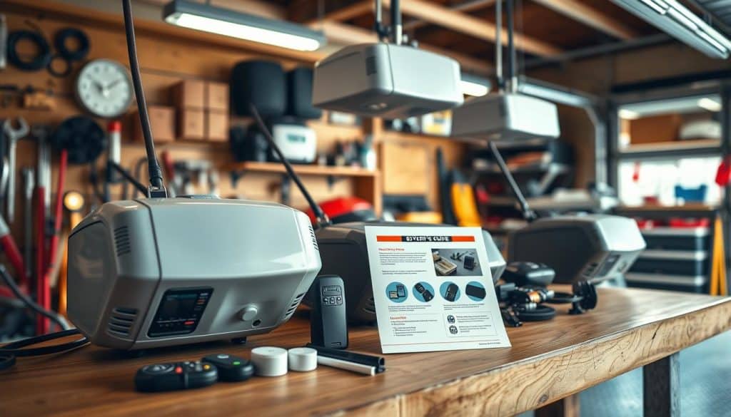 A well-organized garage showcasing a variety of garage door openers displayed on a wooden workbench, illustrating key features. In the foreground, focus on a modern, stylish garage door opener with a sleek design and intuitive control panel, accompanied by essential accessories like remote controls and safety sensors. The middle layer features a neatly arranged buyer’s guide booklet with essential tips and specifications beside the opener. In the background, a tidy garage with bright LED lighting, showcasing tools and shelves with garage-related items. The mood is informative and professional, emphasizing clarity and practicality, captured from a slightly elevated angle to provide a comprehensive view.