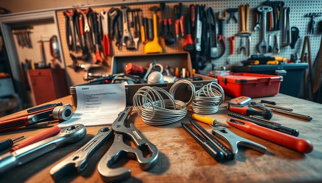 A well-organized toolbox overflowing with a variety of tools arranged neatly on a wooden workbench. In the foreground, prominently displayed are essential tools such as a torque wrench, socket set, pliers, and screwdrivers, all gleaming under warm, soft lighting. In the middle ground, a few coiled garage door springs and a roll of safety wire lie next to a checklist of parts, creating a sense of preparation. The background features a garage setting with hanging pegboards filled with more tools, emphasizing an organized workspace. The atmosphere is one of readiness and professionalism, reflecting a home improvement project in progress, captured at eye level for a clear perspective.