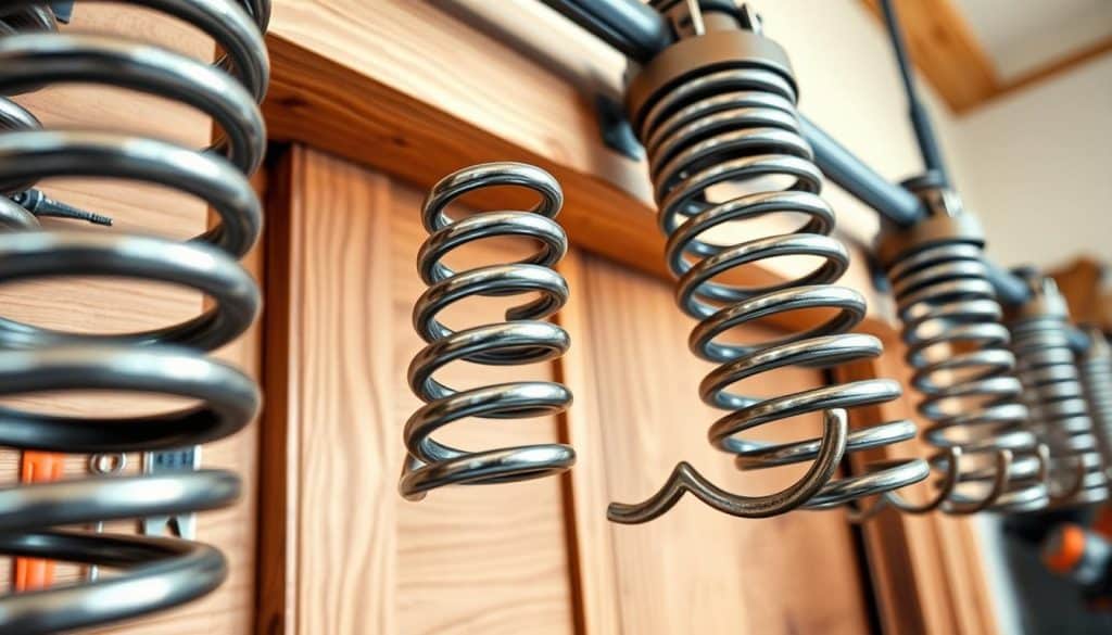 An up-close view of garage door springs, focusing on a set of robust, coiled springs installed on a traditional wooden garage door. The foreground showcases the intricate winding and tension elements of the springs, with textures that highlight the metallic sheen and wear. In the middle ground, the wooden door frame is visible, featuring natural grain patterns and a slightly weathered finish. The background is a softly blurred garage environment, evoking a sense of tool organization and efficiency. Soft, natural lighting filters through the garage, creating subtle shadows that enhance the three-dimensionality of the springs. The mood is technical yet approachable, inviting the viewer to understand the physics of how these springs support the weight of the door. An up-close view of garage door springs, focusing on a set of robust, coiled springs installed on a traditional wooden garage door. The foreground showcases the intricate winding and tension elements of the springs, with textures that highlight the metallic sheen and wear. In the middle ground, the wooden door frame is visible, featuring natural grain patterns and a slightly weathered finish. The background is a softly blurred garage environment, evoking a sense of tool organization and efficiency. Soft, natural lighting filters through the garage, creating subtle shadows that enhance the three-dimensionality of the springs. The mood is technical yet approachable, inviting the viewer to understand the physics of how these springs support the weight of the door.