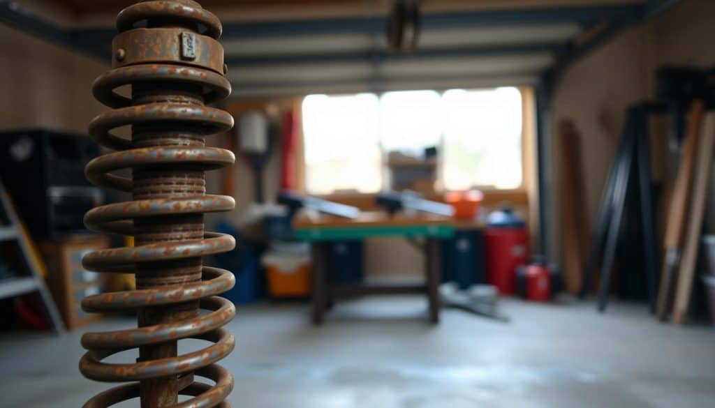 Close-up view of a pair of rusty garage door springs, prominently positioned in the foreground, showcasing their intricate coils and mechanical details. The springs should appear slightly worn, with patches of rust indicating age and use. In the middle ground, a partially open garage door reveals a workshop environment with tools and a workbench, subtly out of focus to maintain emphasis on the springs. In the background, soft natural light filters in through the garage opening, creating a warm atmosphere, evoking a sense of home maintenance and repair. The image should convey a mood of practicality and concern, highlighting the importance of understanding these components in the context of garage door functionality. Close-up view of a pair of rusty garage door springs, prominently positioned in the foreground, showcasing their intricate coils and mechanical details. The springs should appear slightly worn, with patches of rust indicating age and use. In the middle ground, a partially open garage door reveals a workshop environment with tools and a workbench, subtly out of focus to maintain emphasis on the springs. In the background, soft natural light filters in through the garage opening, creating a warm atmosphere, evoking a sense of home maintenance and repair. The image should convey a mood of practicality and concern, highlighting the importance of understanding these components in the context of garage door functionality.