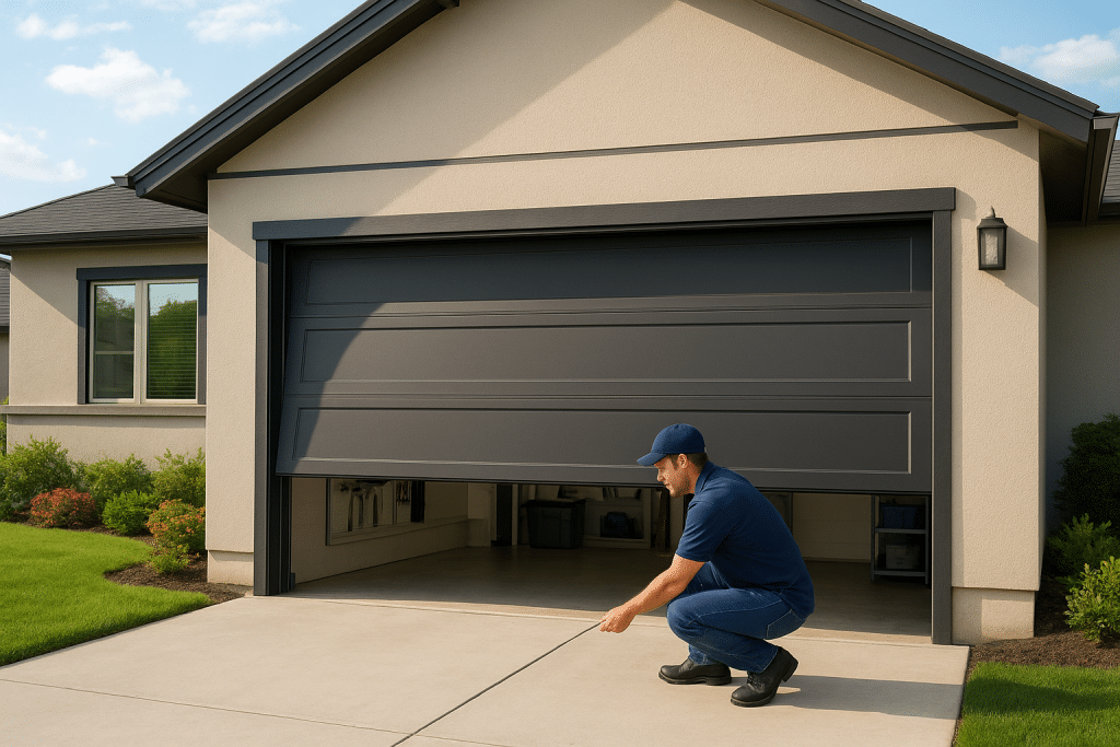 A modern residential garage door installed on a suburban home, showcasing a sleek, contemporary design. The foreground features the garage door partially open, revealing a clean and organized garage space with tools and equipment neatly arranged. In the middle ground, the driveway is lined with green grass and flower beds, enhancing the home’s curb appeal. The background features a clear blue sky with soft, fluffy clouds, adding a sense of tranquility. The scene is bathed in warm, natural sunlight that creates inviting shadows, promoting a welcoming atmosphere. For a professional touch, include a technician in modest casual clothing working on the door, emphasizing expertise and reliability in garage services. The image should feel bright and airy, encouraging the viewer to consider garage upgrades.