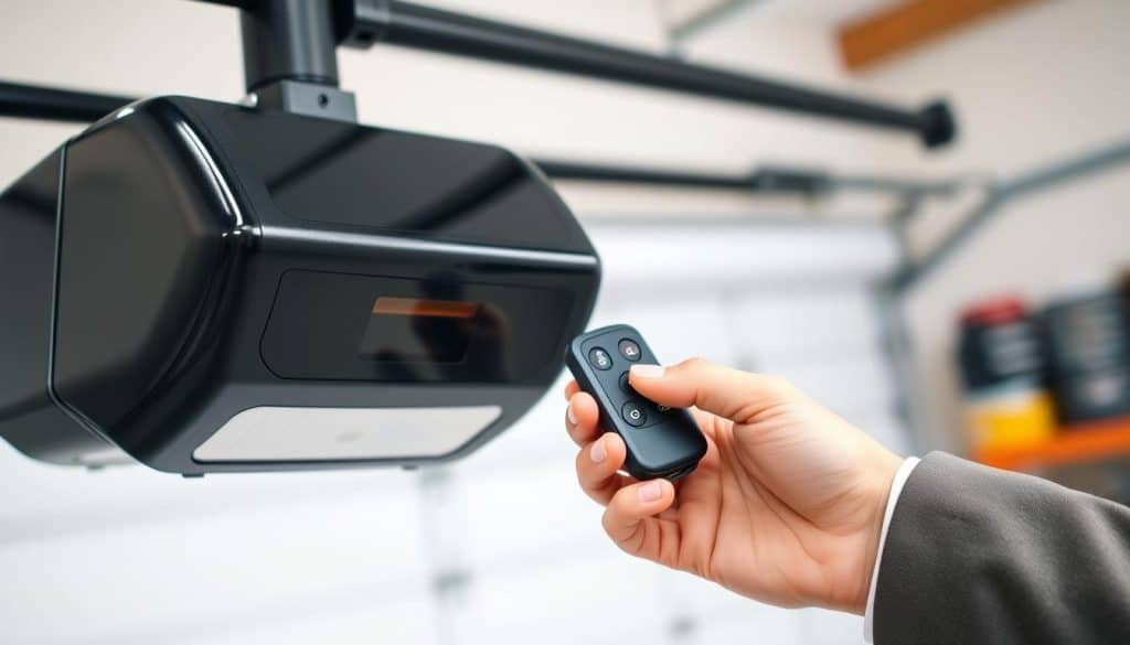 A close-up of a sleek, modern garage door opener, prominently displayed in the foreground. The opener features a minimalist design, with glossy black and silver accents, and a small LED screen that indicates programming status. In the middle ground, a hand in a professional business attire gently holds a newly programmed garage door remote, showcasing the connection between the remote and the opener. The background is softly blurred, suggesting a bright, well-lit garage environment with hints of classic garage elements like tools and shelves. The lighting is bright and even, creating a clean and informative atmosphere, ideal for illustrating the steps of programming a garage door opener. The overall mood is professional, educational, and inviting.