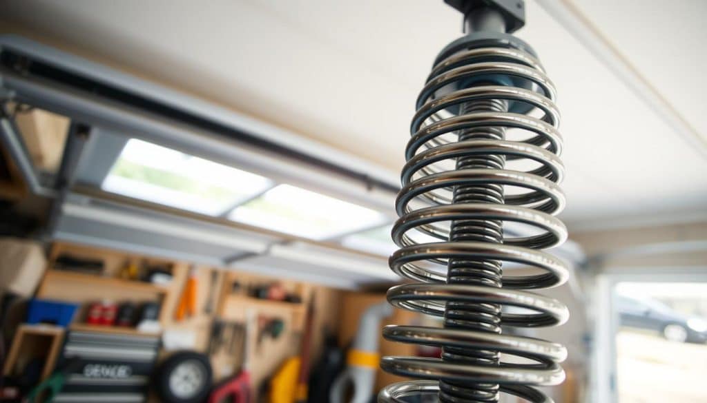 A close-up view of a garage door spring system, showcasing the intricate details of the coiled metal springs and the surrounding hardware. In the foreground, focus on the tightly wound springs, highlighting their shiny metallic texture and the tension they hold. In the middle ground, include the garage door itself partially open, revealing the interior of a garage with tools and equipment neatly arranged. The background features soft, natural lighting filtering in through an overhead window, creating a warm and inviting atmosphere. The camera angle is slightly tilted for a dynamic perspective, emphasizing the importance of safety and proper installation in this essential home component.