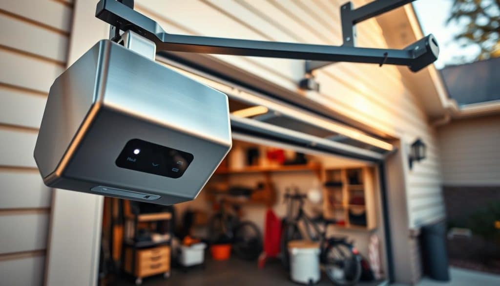 A close-up view of a modern garage door opener, prominently displayed in the foreground with sleek, minimalist design elements. The opener features a brushed metal finish and illuminated buttons, showcasing advanced technology. In the middle layer, a partially opened garage door reveals a well-organized garage with tools neatly arranged on shelves and a couple of bicycles. The background contains a suburban home, softly lit by warm afternoon sunlight, creating a welcoming atmosphere. The angle is slightly tilted from above, allowing for a dynamic perspective of the opener in use. The lighting is bright yet soft, casting gentle shadows that highlight the contours of the opener and the space. The overall mood conveys practicality and sophistication, perfect for educating homeowners about garage door openers. A close-up view of a modern garage door opener, prominently displayed in the foreground with sleek, minimalist design elements. The opener features a brushed metal finish and illuminated buttons, showcasing advanced technology. In the middle layer, a partially opened garage door reveals a well-organized garage with tools neatly arranged on shelves and a couple of bicycles. The background contains a suburban home, softly lit by warm afternoon sunlight, creating a welcoming atmosphere. The angle is slightly tilted from above, allowing for a dynamic perspective of the opener in use. The lighting is bright yet soft, casting gentle shadows that highlight the contours of the opener and the space. The overall mood conveys practicality and sophistication, perfect for educating homeowners about garage door openers.