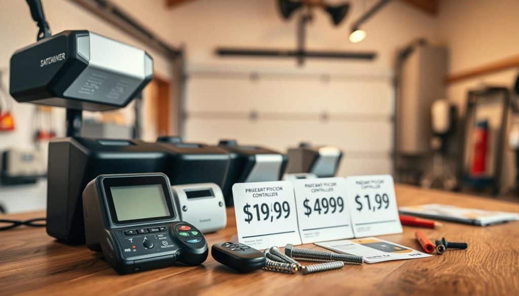A close-up view of a modern garage door opener unit displayed on a wooden table, with a price tag next to it showing various pricing options, emphasizing affordability. The foreground features sleek and contemporary opener models, showcasing different designs, such as smart controllers and traditional remotes. In the middle ground, different price tags are artistically arranged alongside tools and accessories associated with installation, like screws and manuals. The background depicts a softly lit garage setting, with warm lighting illuminating the products, creating an inviting atmosphere. Capture the image from a slightly elevated angle to provide depth, ensuring a focus on the pricing aspect while highlighting the sophistication of the garage door technology. The mood is professional and informative, perfect for showcasing garage door opener options.