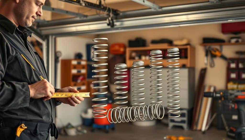 A detailed and informative scene showcasing a garage door spring installation being performed. In the foreground, a professional technician in a uniform diligently measures new springs with a tape measure, surrounded by tools like a wrench and a drill. In the middle ground, a partially disassembled garage door reveals its intricate mechanism, including old, worn-out springs alongside shiny new replacements. The background features a well-lit garage space with organized tools and storage, creating a clean and professional atmosphere. Soft, warm lighting casts gentle shadows, emphasizing the technical nature of the job. The angle is slightly elevated, providing a clear view of both the technician and the garage door's internal structure, conveying a sense of precision and expertise in the installation process.