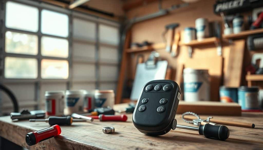 A detailed close-up of a garage door opener remote control, styled in a modern design with sleek buttons and a glossy finish, placed on a wooden workbench cluttered with programming tools like screwdrivers and small gadgets. In the background, a partially open garage door lets in soft natural light, creating a warm and inviting atmosphere. The garage is equipped with various home improvement items such as paint cans and tool organizers, adding to the context of DIY home projects. The scene is shot from a slight top-down angle to capture the remote clearly while maintaining focus on the garage environment, evoking a sense of readiness and practical installation. The lighting is soft yet illuminating, highlighting the intricate details of the remote.
