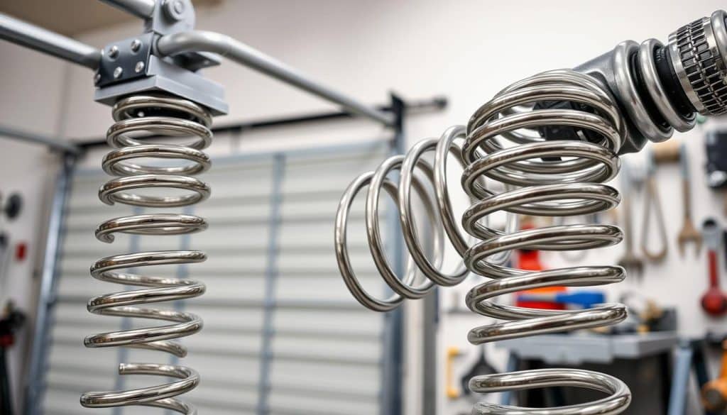 A detailed close-up of a set of torsion springs designed for garage doors, showcasing their coil structure and metallic finish. In the foreground, highlight the tensioned coils and the mounting brackets, displaying intricate details such as the surface texture and reflections of light. In the middle ground, include a partially visible garage door for context, while the background features a neutral workshop environment with tools and equipment subtly blurred to maintain focus on the torsion springs. Use natural lighting to create a professional, informative atmosphere, and employ a shallow depth of field for emphasis. The angle should be slightly tilted to reveal the unique spiral mechanism of the springs, conveying durability and precision engineering without distractions.