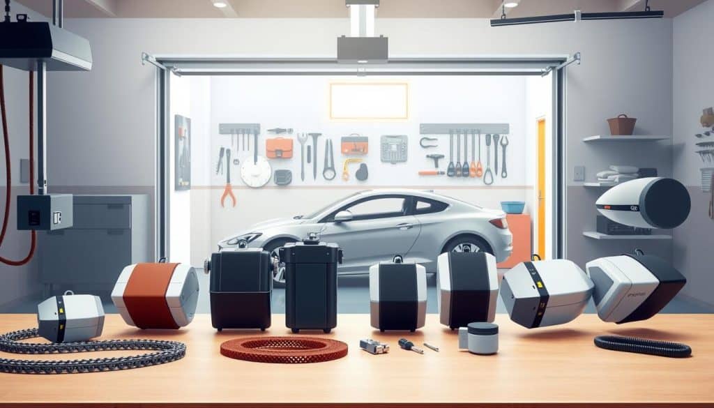 A detailed illustration showcasing a variety of garage door openers arranged neatly in a well-lit, modern garage. In the foreground, several types of openers, including chain drive, belt drive, and screw drive models, are prominently displayed on a workbench. The midsection features a neatly organized wall with mounted garage door opener accessories and tools, emphasizing their functionalities. In the background, a sleek car is parked inside the garage, hinting at the convenience of using these openers. Soft, natural lighting filters through a small window, creating a welcoming atmosphere. The angle is slightly angled from above, providing a clear view of the various opener types and their design differences, capturing an informative yet inviting mood that conveys a sense of practicality and innovation in home garage solutions. A detailed illustration showcasing a variety of garage door openers arranged neatly in a well-lit, modern garage. In the foreground, several types of openers, including chain drive, belt drive, and screw drive models, are prominently displayed on a workbench. The midsection features a neatly organized wall with mounted garage door opener accessories and tools, emphasizing their functionalities. In the background, a sleek car is parked inside the garage, hinting at the convenience of using these openers. Soft, natural lighting filters through a small window, creating a welcoming atmosphere. The angle is slightly angled from above, providing a clear view of the various opener types and their design differences, capturing an informative yet inviting mood that conveys a sense of practicality and innovation in home garage solutions.