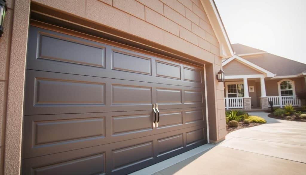 A modern residential garage door, featuring a sleek design with horizontal slats and contemporary handles, stands prominently in the foreground. The door is painted in a warm charcoal gray, accentuated by bright chrome hardware that gleams in the sunlight. A welcoming suburban home is visible in the middle background, showcasing well-kept landscaping, a cozy porch, and a sunny sky overhead. Soft, natural lighting bathes the scene, enhancing the textures of the door and the home’s facade. A wide-angle perspective captures the door's scale and the inviting atmosphere of the property, emphasizing a sense of safety and community. The mood is optimistic and professional, reflecting quality and expert installation services.