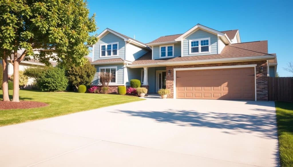 A well-lit, inviting residential scene showcasing a modern garage door. In the foreground, the garage door is prominently displayed, featuring sleek, vertical panels in a warm beige color, with a stylish design that enhances the home’s curb appeal. The middle ground presents a tidy driveway leading up to a charming two-story house with light blue siding and a well-maintained lawn, complete with flowering shrubs. In the background, a clear blue sky creates a cheerful atmosphere. The lighting is bright and natural, suggesting early afternoon, casting soft shadows on the ground. The composition should evoke a sense of trust and professionalism, reflecting a family-owned business dedicated to quality garage door services.