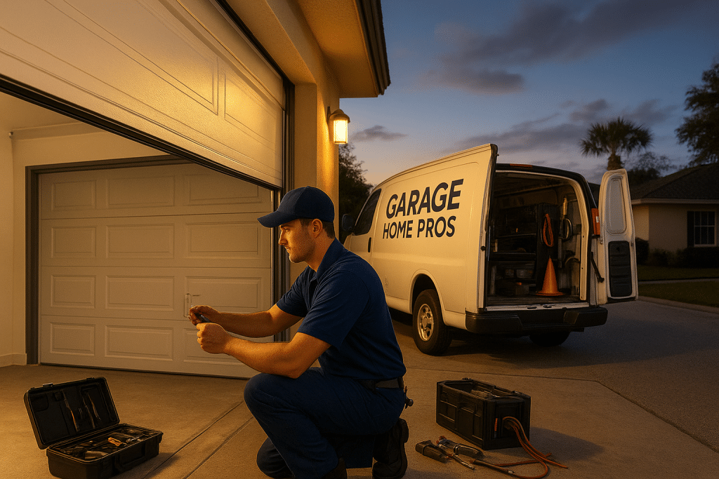 A vibrant scene depicting an emergency garage door repair in action. In the foreground, a professional technician dressed in a blue uniform and cap is working diligently on a modern, white garage door that has been partially opened. Tools and equipment are neatly organized beside him. In the middle ground, a sleek, van branded with the logo “Garage Home Pros” is parked with its rear doors open, showcasing tools and spare parts ready for immediate use. The background features a well-lit suburban street, with a hint of dusk setting in, casting a warm glow over the scene. The atmosphere is urgent yet professional, highlighting the commitment to swift emergency service with no after-hours fees. The shot is captured from a slightly low angle for an immersive perspective, with soft, natural lighting creating a welcoming and reassuring feel.
