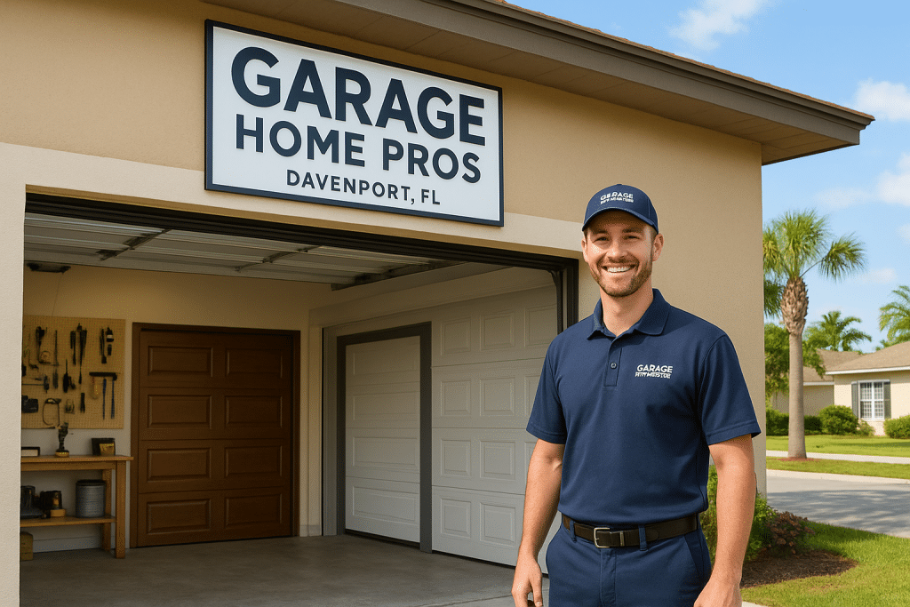 A welcoming local garage door company storefront in Davenport, FL, featuring the business's logo prominently on a well-maintained building. In the foreground, a friendly technician in professional attire stands beside an open garage door, showcasing a variety of stylish garage doors. The middle section includes neatly arranged tools and spare garage door parts, emphasizing the company’s expertise and readiness for service. In the background, a sunny suburban neighborhood with palm trees and modest homes reflects a warm, inviting atmosphere. The scene captures the essence of a family-owned business dedicated to quality and reliability, with natural sunlight illuminating the area, enhancing the friendly mood. The image should be framed to highlight both the technician and the company’s inviting environment.