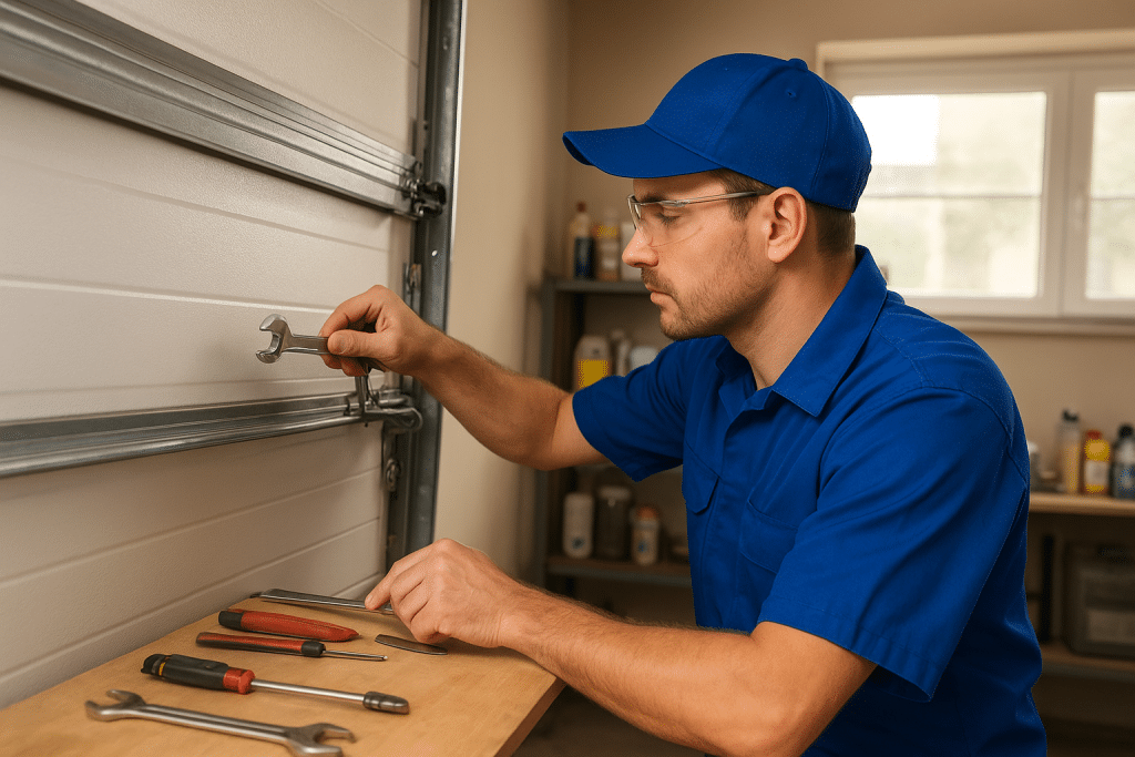A professional technician performing garage door maintenance in a well-lit suburban garage. In the foreground, the mechanic is wearing a blue uniform and safety glasses, inspecting a garage door mechanism with a wrench in hand. Various tools are neatly arranged on a workbench beside them, showcasing a tidy and organized workspace. In the middle ground, the garage door is partially open, revealing its intricate tracks and spring mechanisms, with a focus on the technician's hands at work. The background features shelves with maintenance supplies and a window allowing natural light to flood in, creating a warm and inviting atmosphere. The overall mood conveys diligence and professionalism, emphasizing the importance of garage door maintenance for homeowners.
