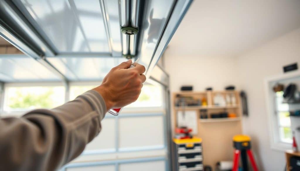 A close-up view of a garage door being lubricated, capturing the intricate details of the process. In the foreground, a person wearing modest casual clothing is applying lubricant to the hinges and rollers of a sleek, modern garage door, showcasing the shiny metal components. The middle ground features a well-maintained garage setting, with tools organized neatly and a bright, inviting atmosphere. In the background, soft natural light filters through a nearby window, illuminating the scene and enhancing the sense of cleanliness and order. The overall mood conveys a sense of diligence and care, emphasizing the importance of regular maintenance to keep the garage door functioning smoothly.