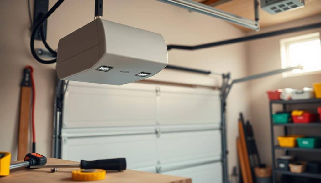 A close-up view of a modern garage door opener system mounted on a stylish, fitted garage wall. The opener features a sleek, minimalist design with a high-tech appearance, including buttons and LED indicators. In the foreground, tools like a screwdriver and a measuring tape are positioned nearby on a workbench, emphasizing a DIY project atmosphere. The middle ground showcases the opener's connection to a smooth, well-maintained garage door, partially opened, revealing a clean, organized garage interior. The background is softly blurred, showing shelves filled with tools and storage bins, creating a practical and tidy environment. Bright, natural light streams in through a small window, casting warm tones throughout, fostering a sense of functionality and ease in choosing the right opener for home improvement tasks.