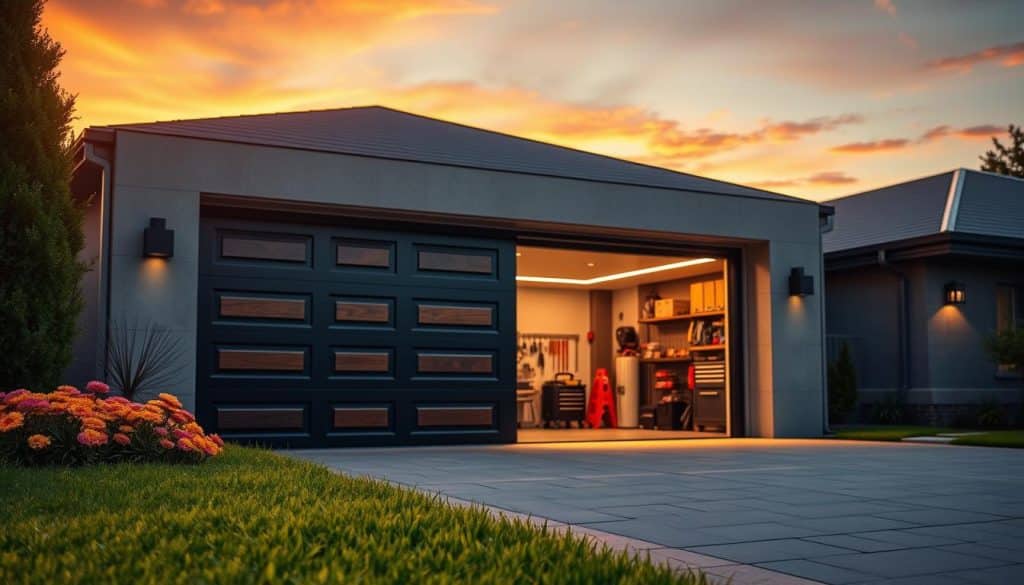 A close-up view of an elegant, modern garage door showcased in an upscale residential setting. The garage door features a sleek black finish with decorative wooden panels, illuminated by soft, warm evening light that casts gentle shadows on the driveway. In the foreground, a well-maintained lawn with colorful flowers frames the scene. In the middle ground, the contemporary garage door stands prominently, slightly open to reveal organized tools and equipment inside. In the background, a picturesque sunset bathes the sky in hues of orange and pink, creating a serene atmosphere. The angle is slightly elevated to provide a comprehensive view of both the garage door and its surroundings, conveying a sense of professionalism and attention to detail. The mood is inviting and emphasizes the quality of garage door services.