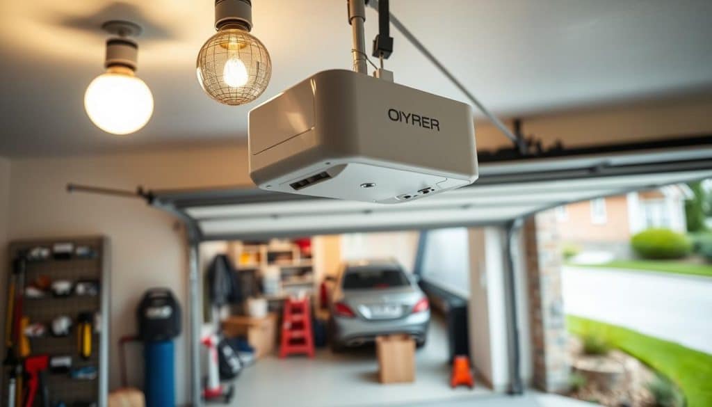 A modern garage door opener installed in a suburban garage, showcasing its sleek, compact design. In the foreground, focus on the opener unit with visible wiring and mounting hardware, highlighted under soft, natural lighting from an overhead bulb. In the middle ground, display the open garage door, revealing a clean, organized space with tools and a vehicle. The background features a well-kept driveway and greenery, emphasizing a safe and inviting home environment. Capture the scene from a slightly elevated angle to give depth, creating a feeling of convenience and safety. The atmosphere is bright and clean, conveying the importance of efficiency and reliability in maintaining a home.