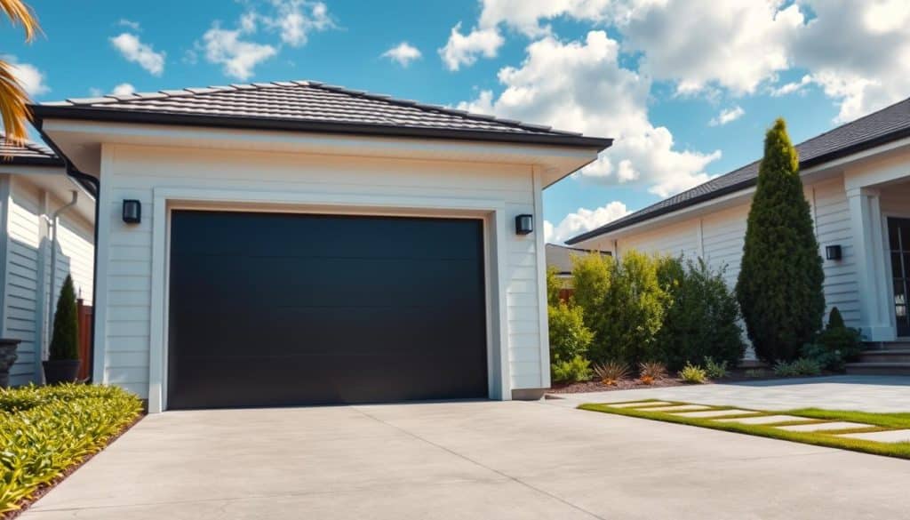 A modern garage door prominently displayed in the foreground, styled with sleek, minimalist lines and a combination of matte black and polished chrome finishes. The door is framed by bright, clean white siding of the house, contrasting beautifully with the vibrant greenery of the surrounding garden. In the middle ground, a well-maintained driveway leads to the garage, showcasing fresh paving stones and decorative landscaping. The background features a clear blue sky with soft, fluffy clouds, allowing natural sunlight to cast subtle shadows, enhancing the three-dimensional depth of the scene. Capture the image from a low angle, giving a slightly elevated view of the door, emphasizing its stature and appeal. The overall atmosphere is inviting and contemporary, reflecting the value a new garage door can bring to a home.